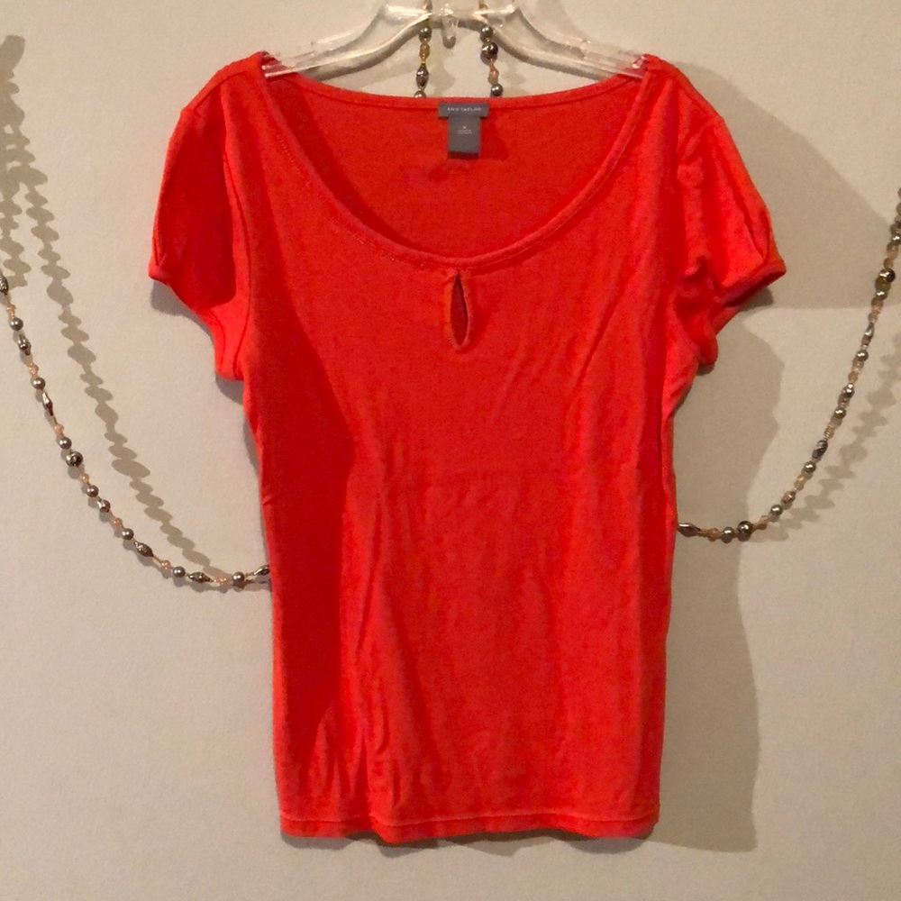 Ann Taylor Orange Scoop Neck Keyhole Beaded Top